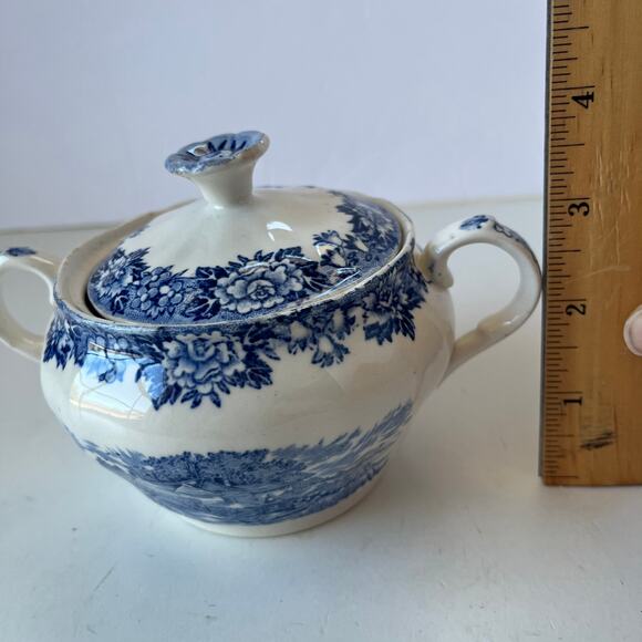 Vintage Salem China English Village Sugar Bowl & Lid Blue Olde Staffordshire - Picture 11 of 12
